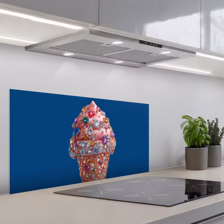 Ijsje - Hoorntje - Steentjes - Blauw keuken achterwand spatscherm middel -3d_schuin