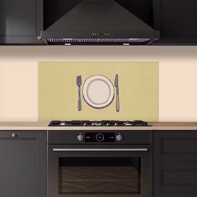 Illustratie - Bord - Bestek - Beige keuken achterwand spatscherm middel -sfeer1