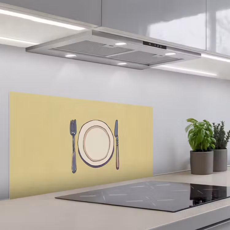 Illustratie - Bord - Bestek - Beige keuken achterwand spatscherm middel -3d_schuin