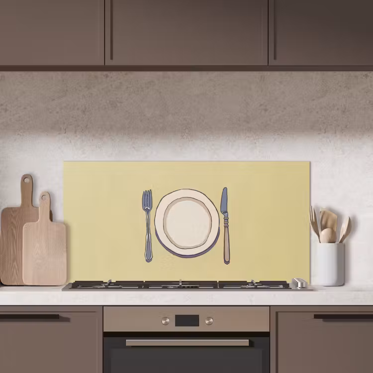 Illustratie - Bord - Bestek - Beige keuken achterwand spatscherm middel -sfeer2