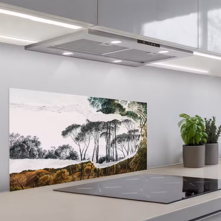 Italiaans landschap parasoldennen - Kunst - Hendrik Voogd - Schilderij - Zwart wit - Oude meesters keuken achterwand spatscherm middel -3d_schuin