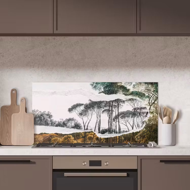 Italiaans landschap parasoldennen - Kunst - Hendrik Voogd - Schilderij - Zwart wit - Oude meesters keuken achterwand spatscherm middel -sfeer2