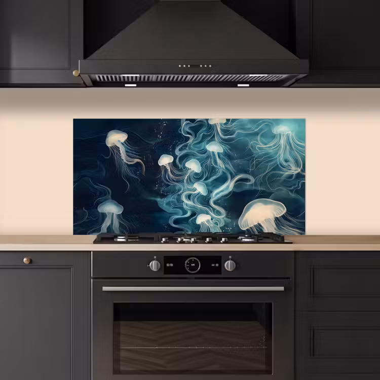 Kwallen - Zee - Wit - Golven keuken achterwand spatscherm middel -sfeer1