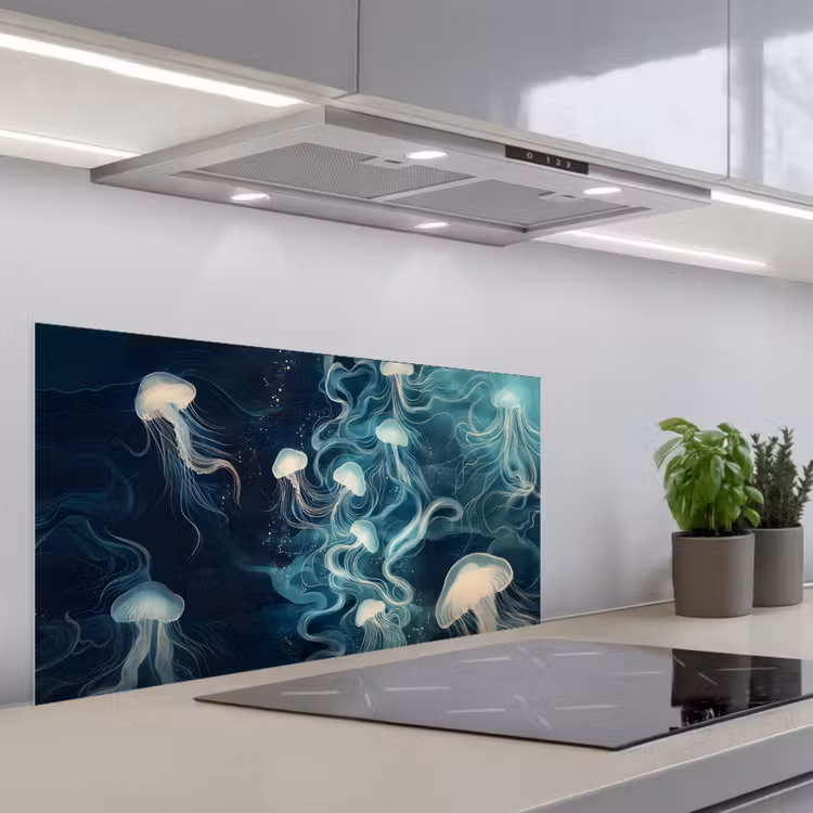 Kwallen - Zee - Wit - Golven keuken achterwand spatscherm middel -3d_schuin