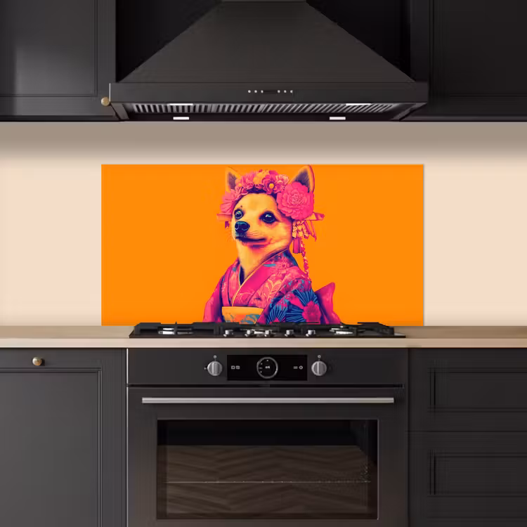 Kimono - Hondje - Bloemenkroon - Oranje keuken achterwand spatscherm middel -sfeer1