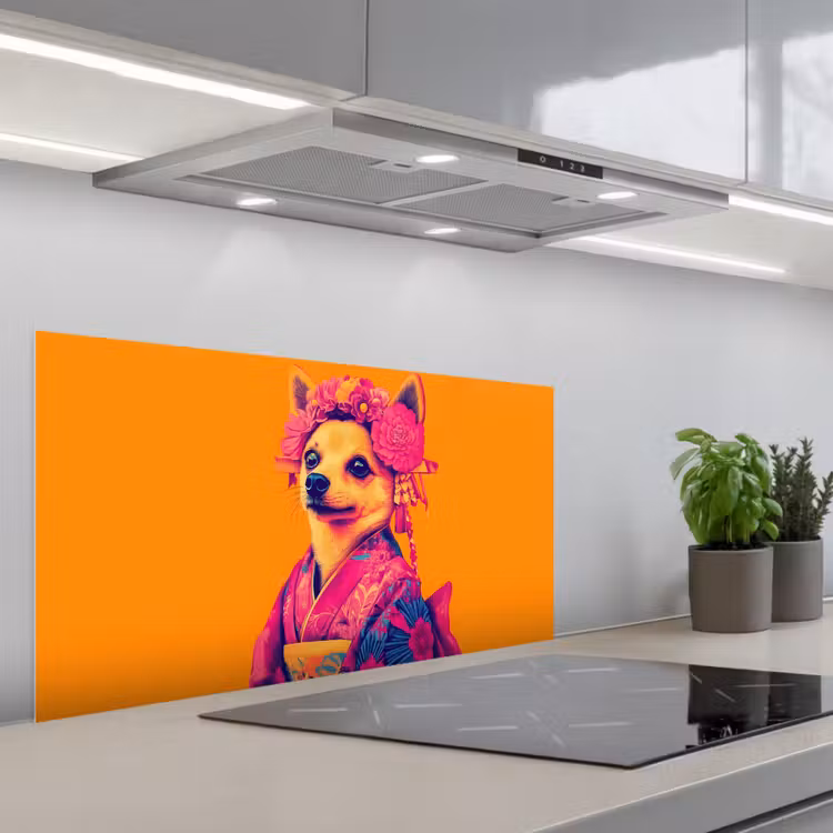 Kimono - Hondje - Bloemenkroon - Oranje keuken achterwand spatscherm middel -3d_schuin
