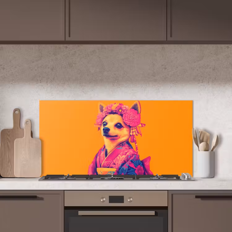 Kimono - Hondje - Bloemenkroon - Oranje keuken achterwand spatscherm middel -sfeer2