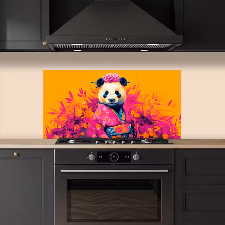 Kimono - Roze - Panda - Bloemenkroon keuken achterwand spatscherm middel -sfeer1