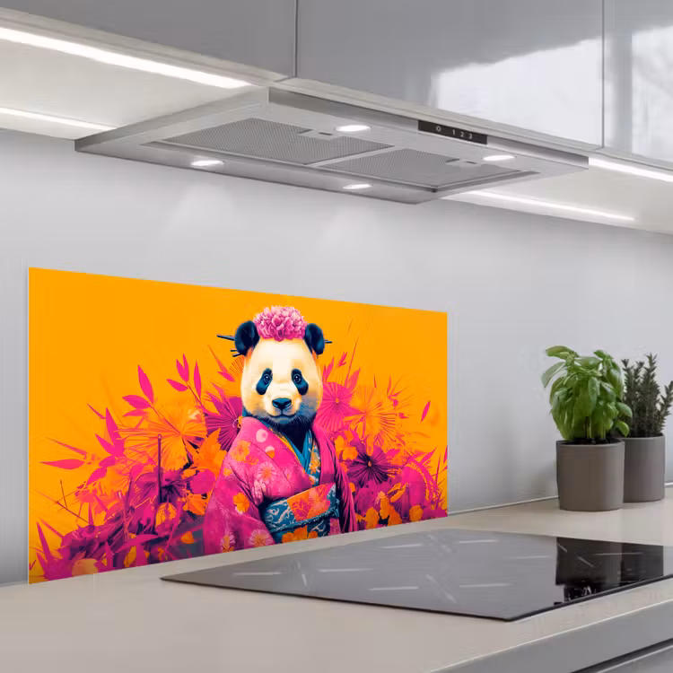 Kimono - Roze - Panda - Bloemenkroon keuken achterwand spatscherm middel -3d_schuin