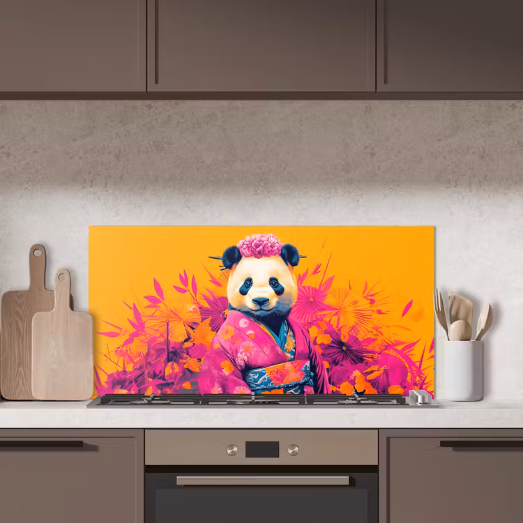 Kimono - Roze - Panda - Bloemenkroon keuken achterwand spatscherm middel -sfeer2