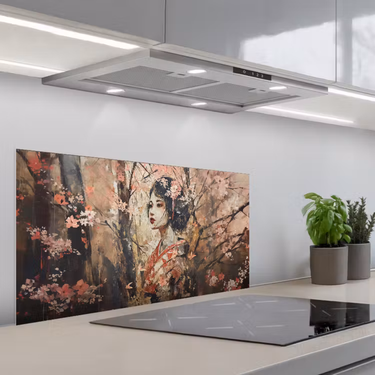Kimono - Vrouw - kersenbomen keuken achterwand spatscherm middel -3d_schuin