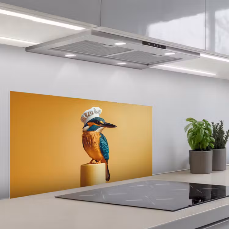 Ijsvogel - Pilaar - Koksmuts - Vogel keuken achterwand spatscherm middel -3d_schuin