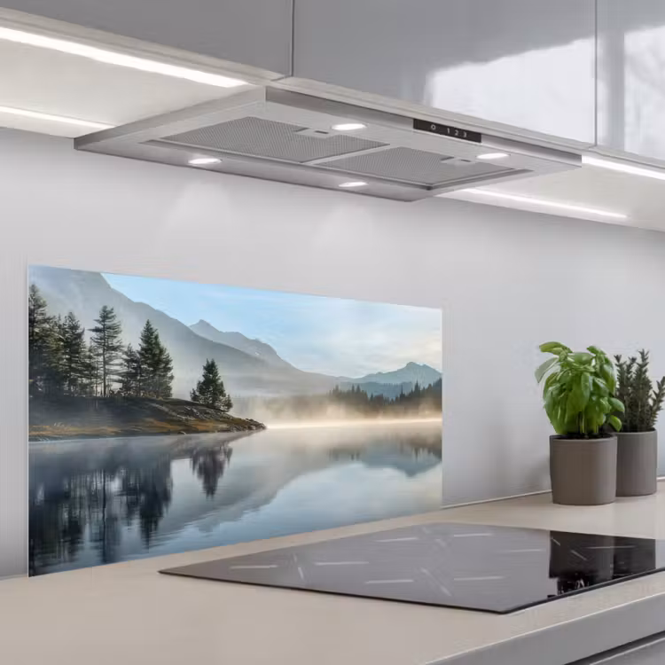 Meer - Mist - Bergen - Landschap keuken achterwand spatscherm middel -3d_schuin