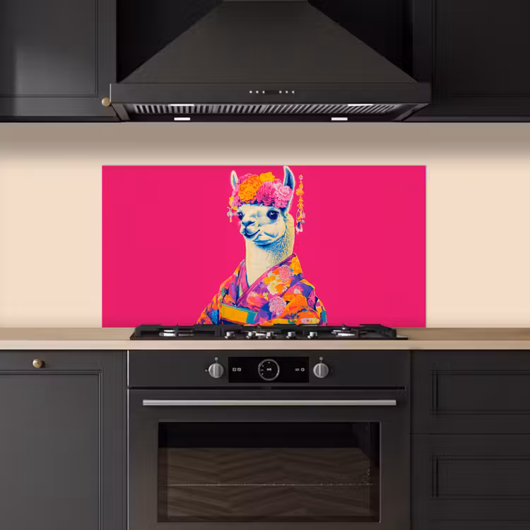 Lama - Kimono - Bloemenkrans - Felroze keuken achterwand spatscherm middel -sfeer1