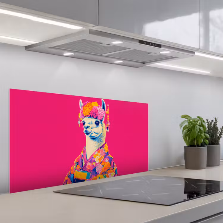 Lama - Kimono - Bloemenkrans - Felroze keuken achterwand spatscherm middel -3d_schuin