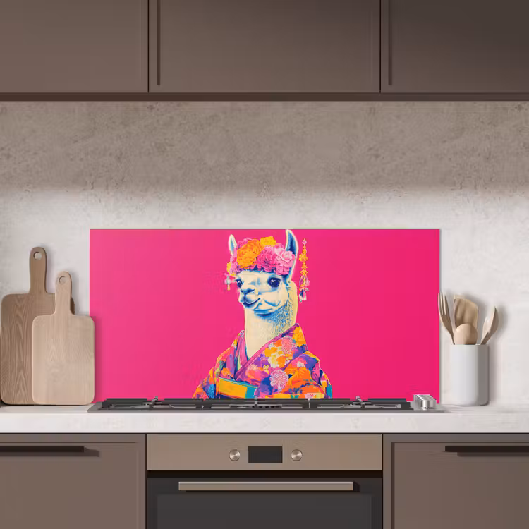 Lama - Kimono - Bloemenkrans - Felroze keuken achterwand spatscherm middel -sfeer2