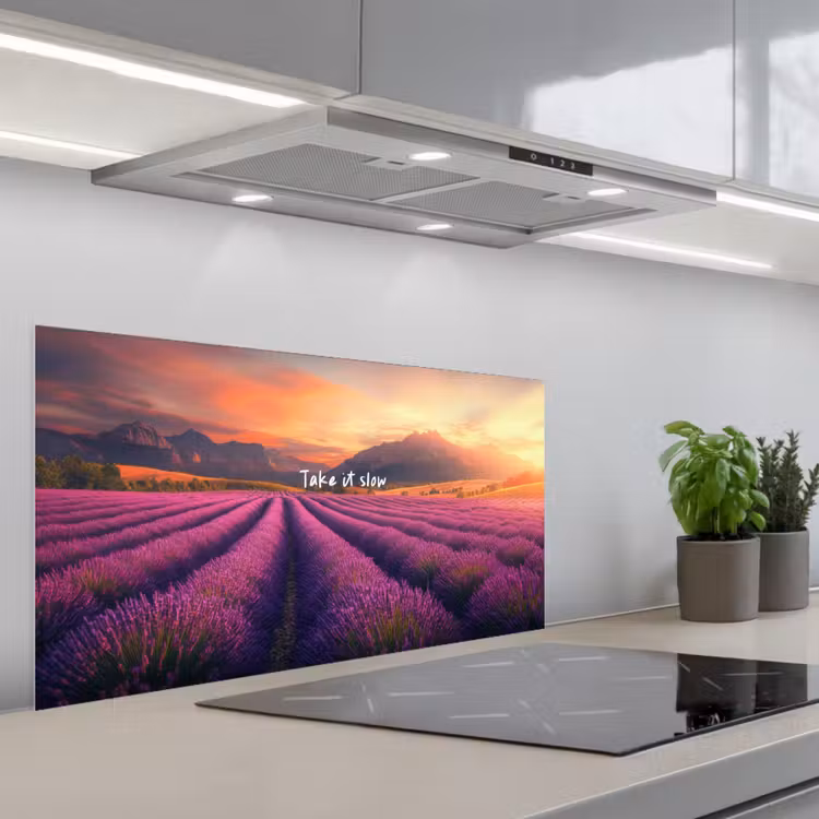 Lavendelveld - Quote - Zonsondergang keuken achterwand spatscherm middel -3d_schuin