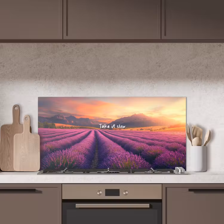 Lavendelveld - Quote - Zonsondergang keuken achterwand spatscherm middel -sfeer2
