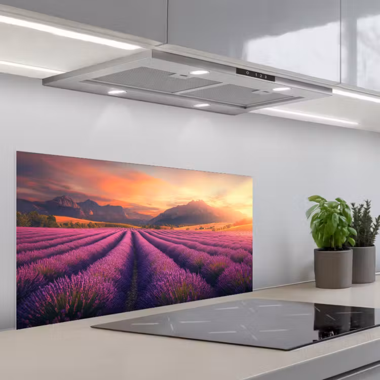 Lavendelveld - Zonsondergang - Paars keuken achterwand spatscherm middel -3d_schuin