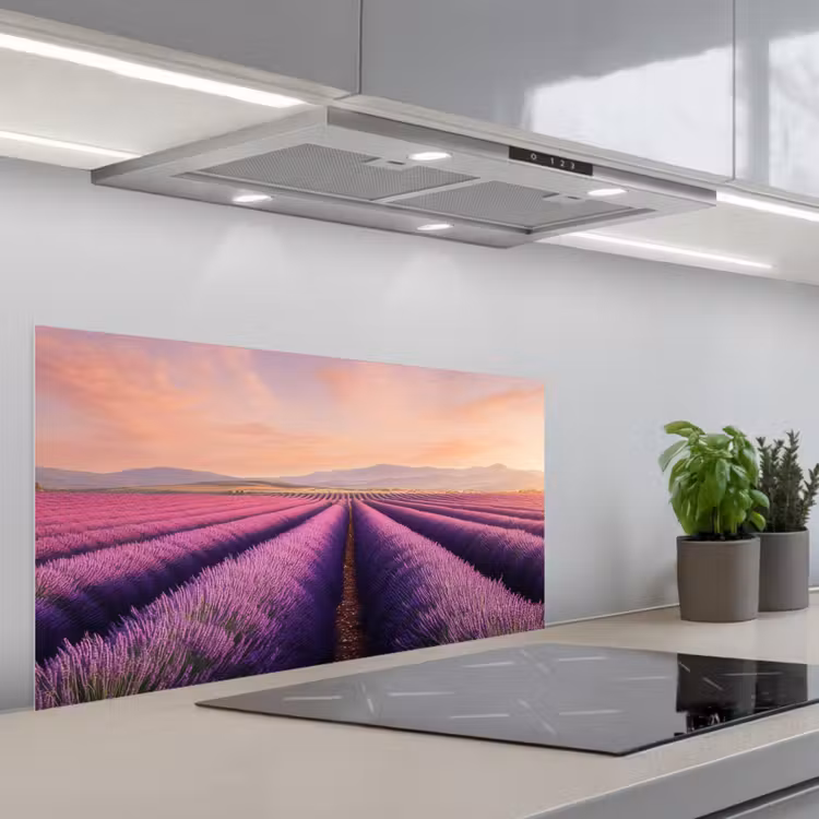 Lavendelveld - Zonsondergang - Paars - Bloemen keuken achterwand spatscherm middel -3d_schuin