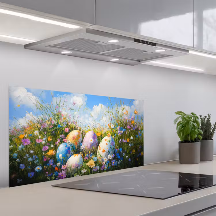 Grasveld - Eieren - Bloemen keuken achterwand spatscherm middel -3d_schuin