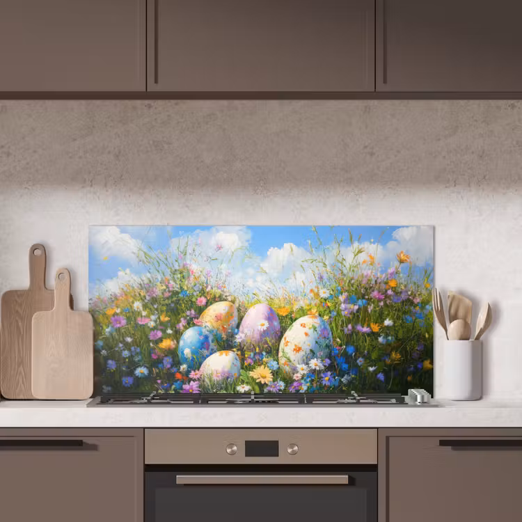 Grasveld - Eieren - Bloemen keuken achterwand spatscherm middel -sfeer2