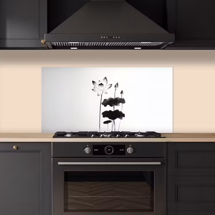 Bladeren - Zwart - Lotusbloem - Minimalitisch keuken achterwand spatscherm middel -sfeer1