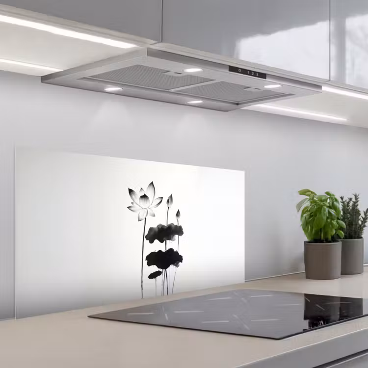 Bladeren - Zwart - Lotusbloem - Minimalitisch keuken achterwand spatscherm middel -3d_schuin