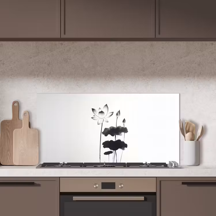 Bladeren - Zwart - Lotusbloem - Minimalitisch keuken achterwand spatscherm middel -sfeer2