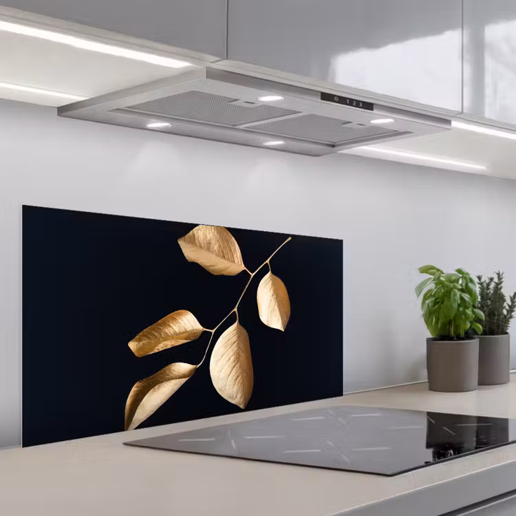 Bladeren - Tak - Goud - Luxe keuken achterwand spatscherm middel -3d_schuin