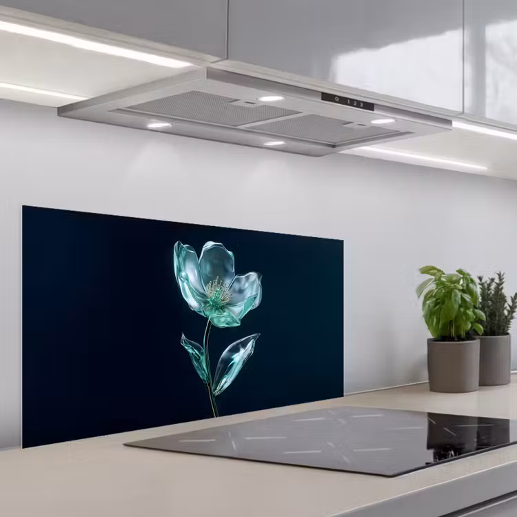 Bladeren - Bloem - Glazen - Donkerblauw keuken achterwand spatscherm middel -3d_schuin