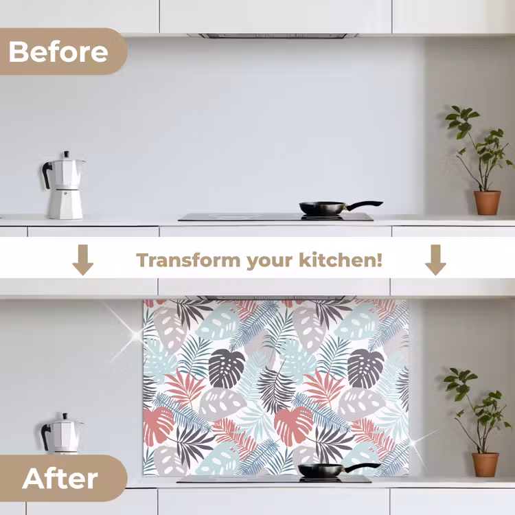 Bladeren - Jungle - Pastel - Tropisch keuken achterwand spatscherm middel -voor_na_EN