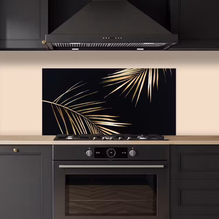 Bladeren - Planten - Goud - Zwart - Luxe keuken achterwand spatscherm middel -sfeer1