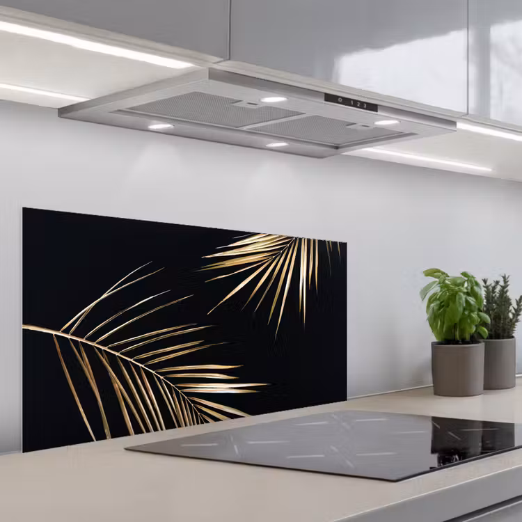 Bladeren - Planten - Goud - Zwart - Luxe keuken achterwand spatscherm middel -3d_schuin