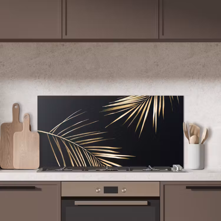 Bladeren - Planten - Goud - Zwart - Luxe keuken achterwand spatscherm middel -sfeer2