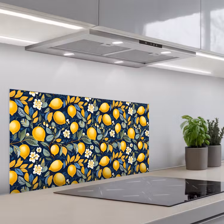 Citroenen - Bloemen - Bladeren - Blauw keuken achterwand spatscherm middel 899 -3d_schuin