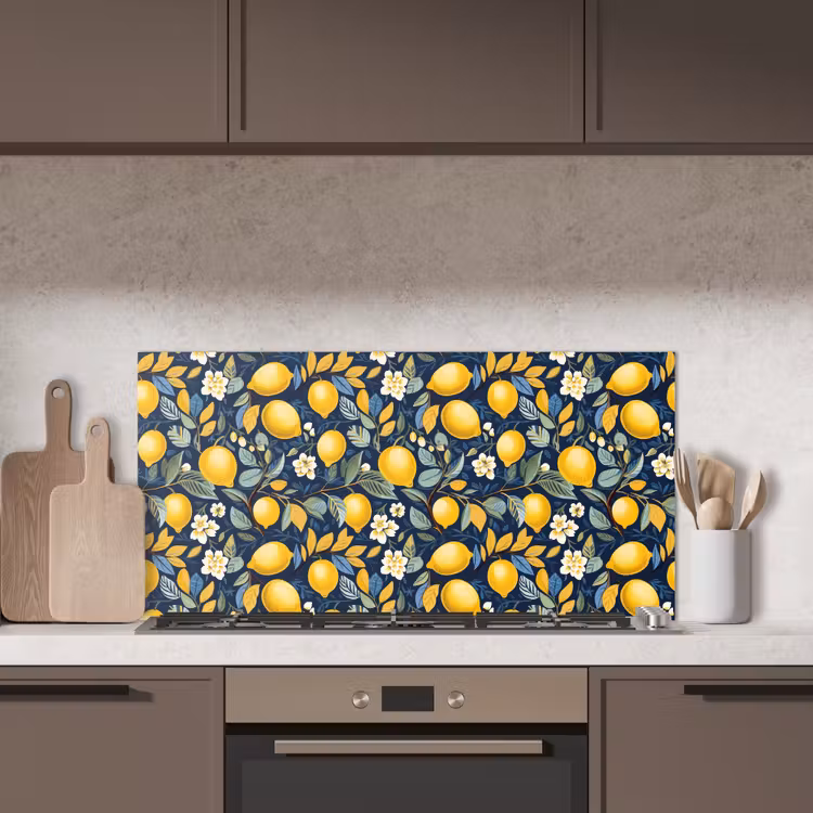 Citroenen - Bloemen - Bladeren - Blauw keuken achterwand spatscherm middel 899 -sfeer2