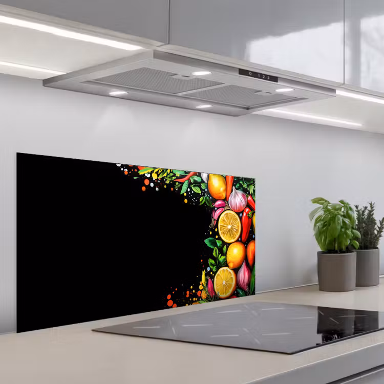 Citroenen - Peper - Kruiden - Graffiti - Verf - Abstract keuken achterwand spatscherm middel -3d_schuin