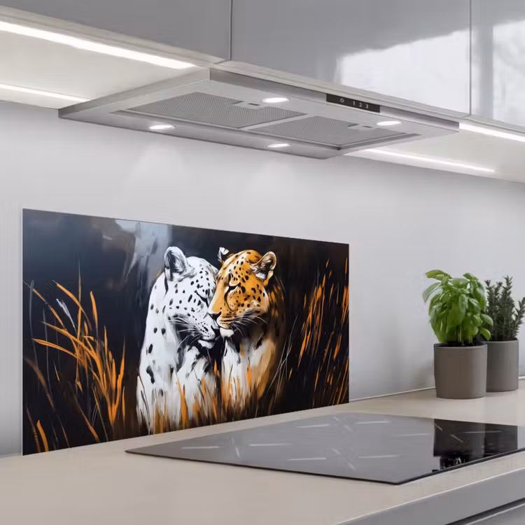 Luipaard - Oranje - Wit - Gras keuken achterwand spatscherm middel -3d_schuin