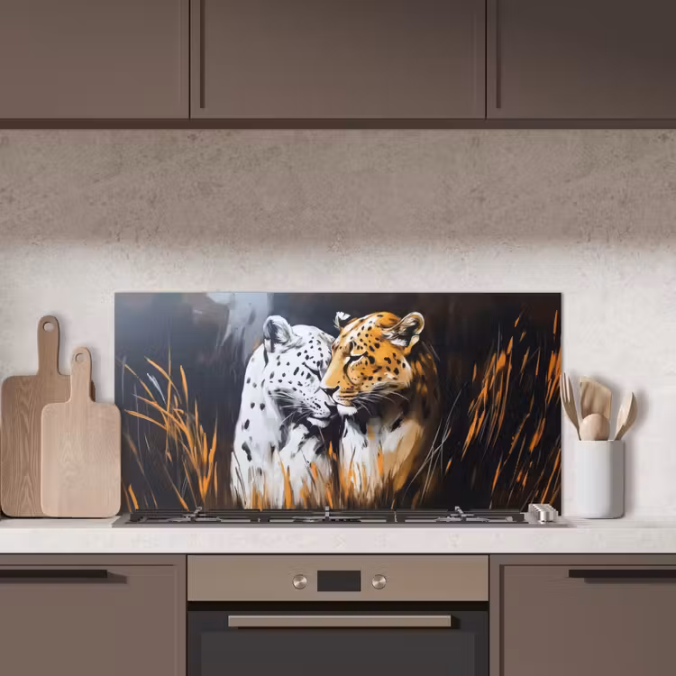 Luipaard - Oranje - Wit - Gras keuken achterwand spatscherm middel -sfeer2