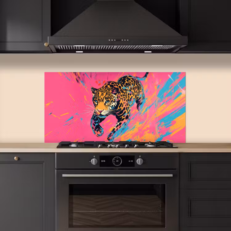 Luipaard - Roze - Oranje - Blauw - Verf keuken achterwand spatscherm middel -sfeer1