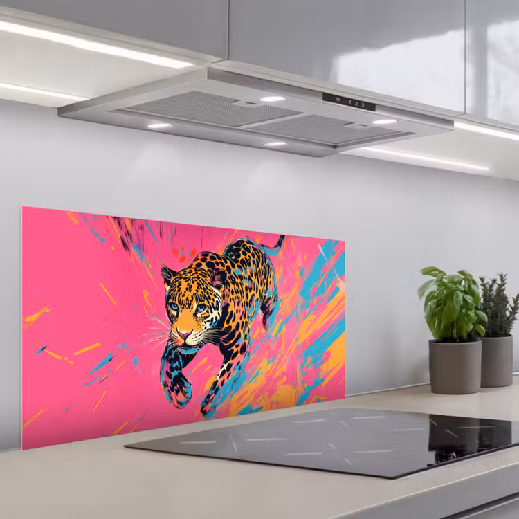 Luipaard - Roze - Oranje - Blauw - Verf keuken achterwand spatscherm middel -3d_schuin