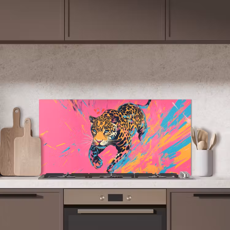 Luipaard - Roze - Oranje - Blauw - Verf keuken achterwand spatscherm middel -sfeer2