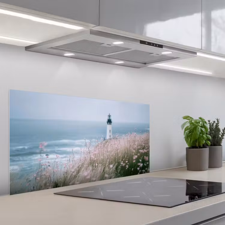 Vuurtoren - Klif - Zee - Bloemen keuken achterwand spatscherm middel -3d_schuin