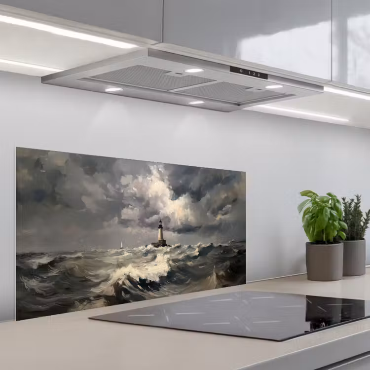 Vuurtoren - Golven - Storm keuken achterwand spatscherm middel -3d_schuin