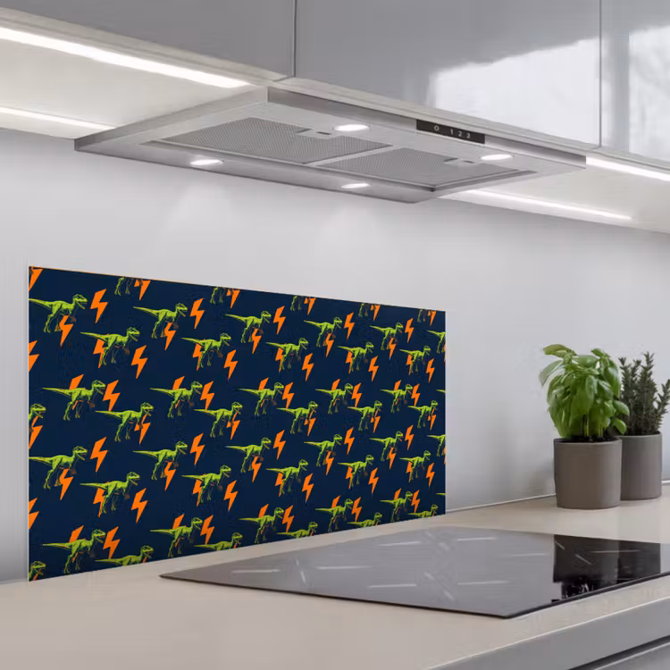 Bliksemschichten - Oranje - Dinosaurussen keuken achterwand spatscherm middel -3d_schuin
