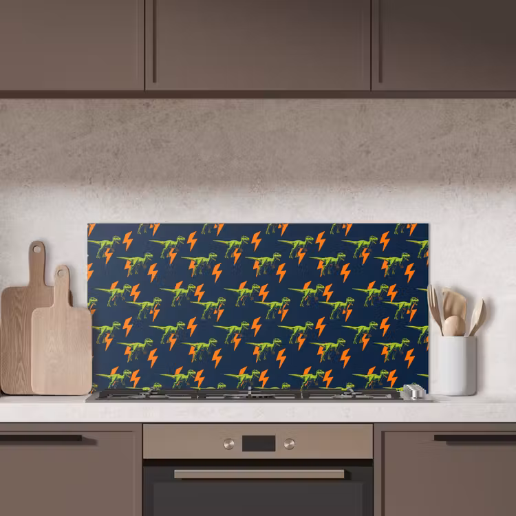 Bliksemschichten - Oranje - Dinosaurussen keuken achterwand spatscherm middel -sfeer2