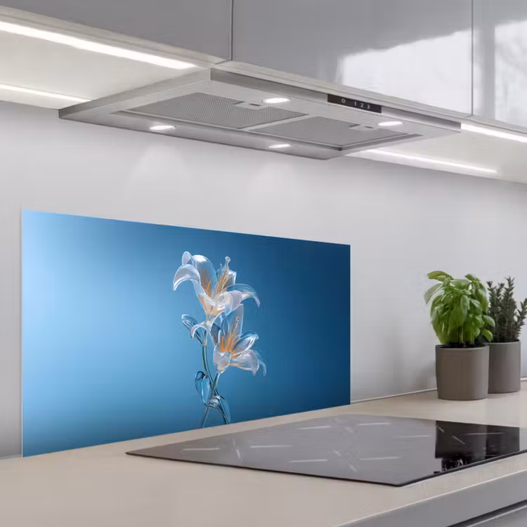 Lelies - Blauw - Glazen keuken achterwand spatscherm middel -3d_schuin