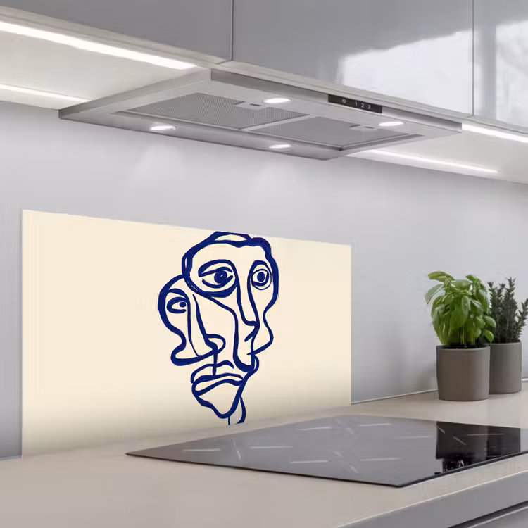Lijntekening - Overlappende gezichten - Donkerblauw keuken achterwand spatscherm middel -3d_schuin