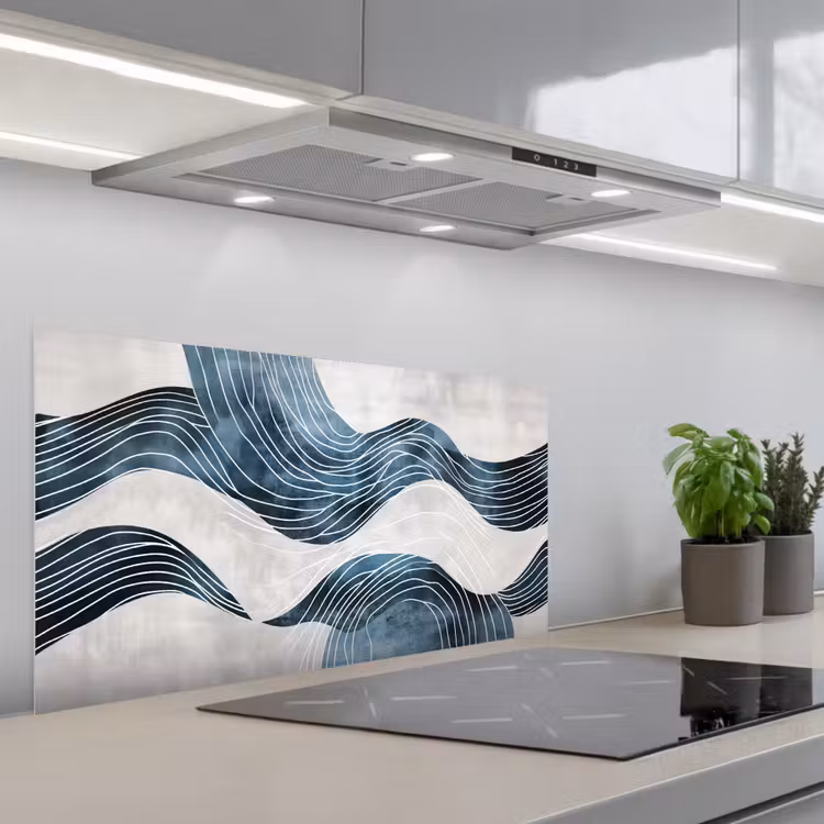 Lijnen - Golven - Abstract - Blauw keuken achterwand spatscherm middel -3d_schuin